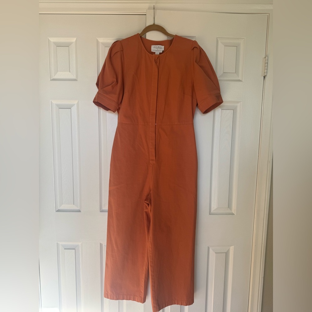Anthropologie Terracotta Puff Sleeve Jumpsuit